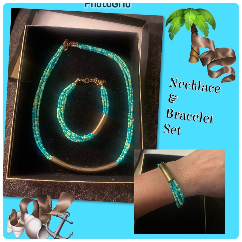 Aqua Blue Multi Strand Beaded Necklace & Bracelet Set